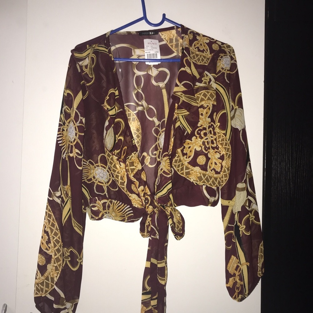 A’GACI BURGUNDY & GOLD WRAP AROUND/FRONT TIE TOP